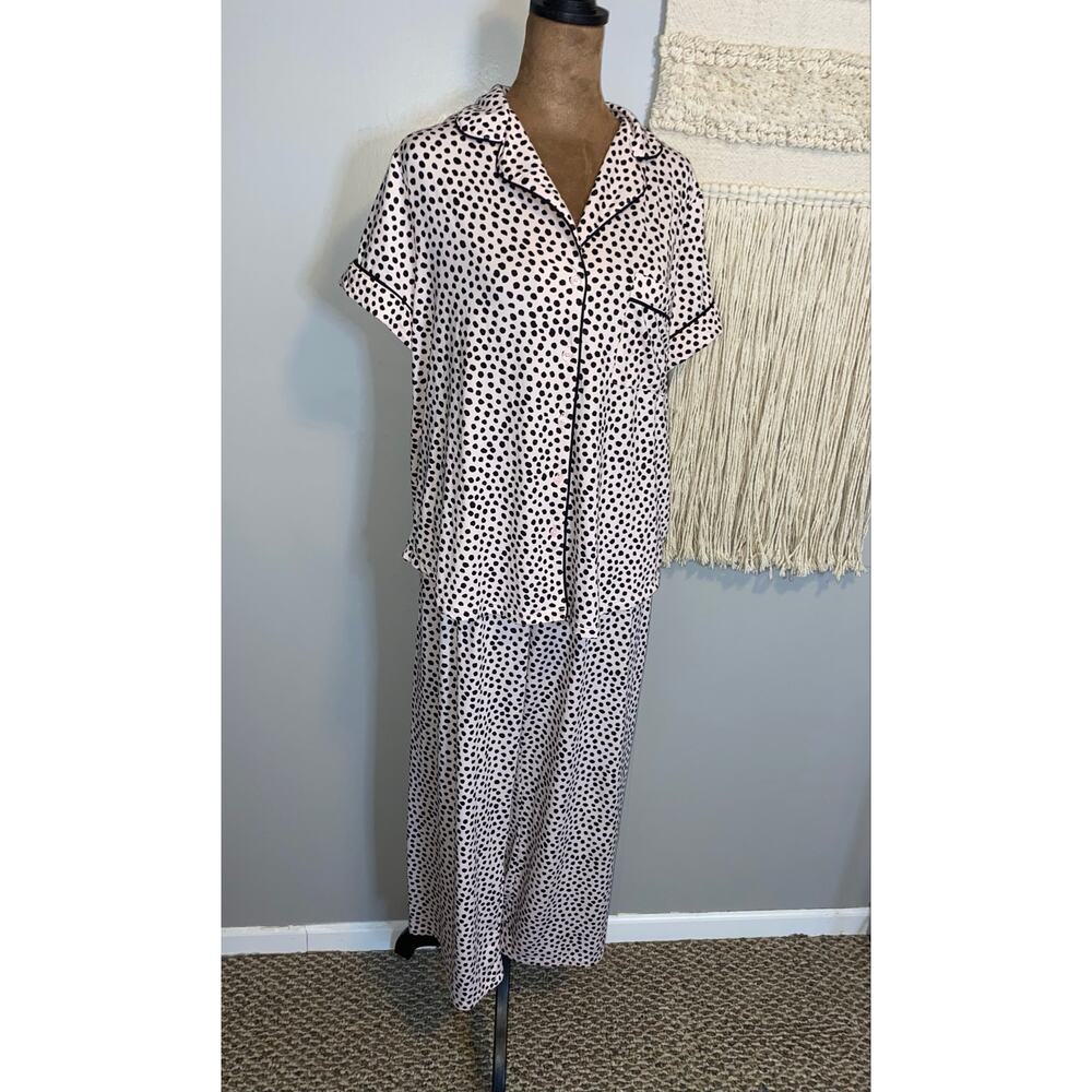 Kate Spade Polka Dot Pajama Set Medium Pink Black Button Up Sleepwear EUC
